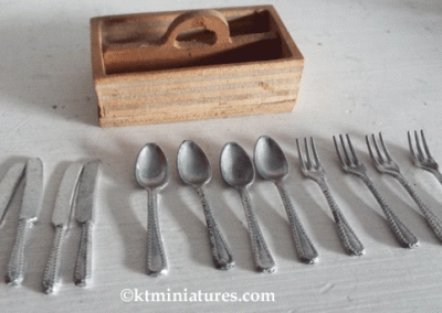 C1930s Tiny Toy Wooden Cutlery Box & 12 Pieces Of Cutlery @ £19.50