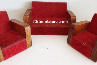 Vintage Barton Wooden Three-Piece Suite With Red Flocked Upholstery (in need of TLC) @ £5.00