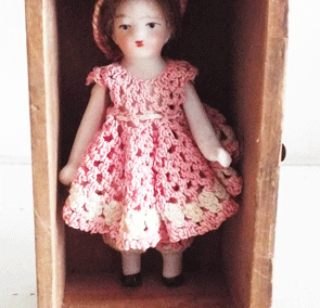Tiny 1930s Bisque Doll Inside Antique Japanese Wooden Drawer @ £29.00