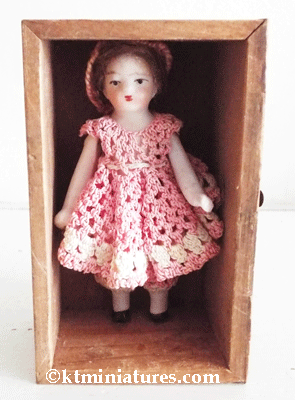 Tiny 1930s Bisque Doll Inside Antique Japanese Wooden Drawer @ £29.00